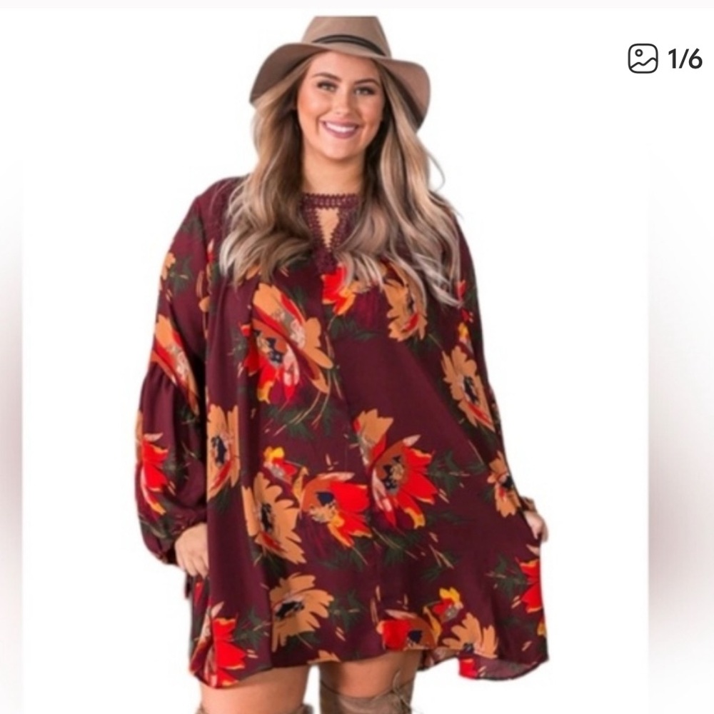 Umgee Semi-sheer Floral Shift Dress in burgundy